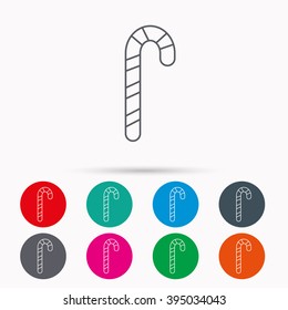 Candy cane icon. Sugar lollipop sign. Sweet lolly pop symbol. Linear icons in circles on white background.