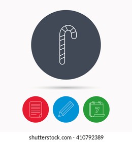 Candy cane icon. Sugar lollipop sign. Sweet lolly pop symbol. Calendar, pencil or edit and document file signs. Vector