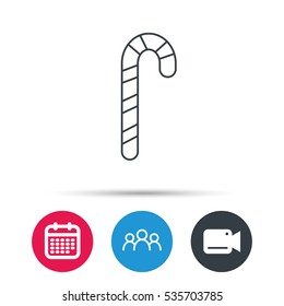 Candy cane icon. Sugar lollipop sign. Sweet lolly pop symbol. Group of people, video cam and calendar icons. Vector