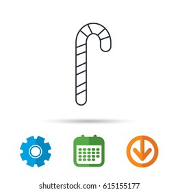 Candy cane icon. Sugar lollipop sign. Sweet lolly pop symbol. Calendar, cogwheel and download arrow signs. Colored flat web icons. Vector
