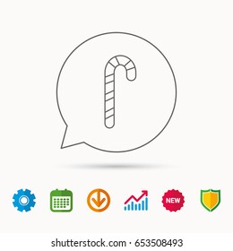 Candy cane icon. Sugar lollipop sign. Sweet lolly pop symbol. Calendar, Graph chart and Cogwheel signs. Download and Shield web icons. Vector