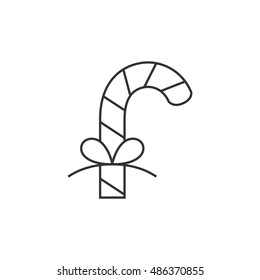 Candy cane icon in thin outline style. Food Christmas sugar sweet ribbon decoration gift