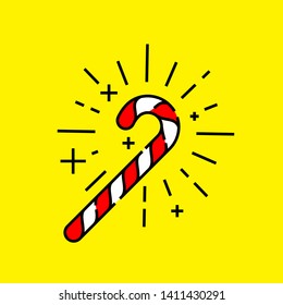 Candy cane icon. Traditional red and white striped stick candy. Christmas sweet isolated on yellow background. Vector illustration.