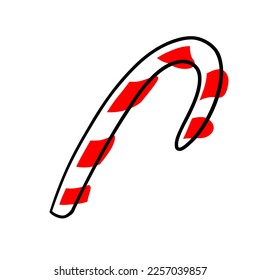 Candy cane illustration in cartoon flat style. Vector illustration isolated on white background.