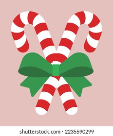Candy cane illustration for December winter Christmas concept. It has a striped cane shape and a ribbon.