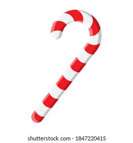 Candy cane illustration isolated on white background. Red lollipop with stripes. Peppermint stick. Christmas ornament symbol design. Vector cartoon clip art in eps 10 format.