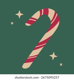 Candy cane illustration with red and white stripes, festive Christmas decoration on green background with stars. Vector