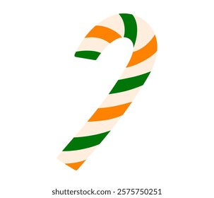 Candy cane in Irish flag colors. Traditional St. Patrick's day candy stick with orange, green and white stripes. Ireland holiday lucky item. Flat Vector illustration isolated on white background