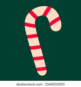 Candy cane isolated on dark green background. Sweet stripes candy. Merry Christmas and Happy New Year design.