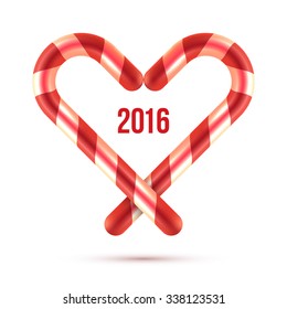 Candy Cane Isolated on White Background. Heart Symbol. Christmas Candy. Christmas Design.  Vector illustration.