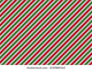 Candy bastón de punto sin patrón. Fondo de punto verde rojo rayado de Navidades. Estampados navideños con líneas diagonales. Textura geométrica Abstractas. Lindo papel de regalo de vacaciones. Ilustración vectorial.