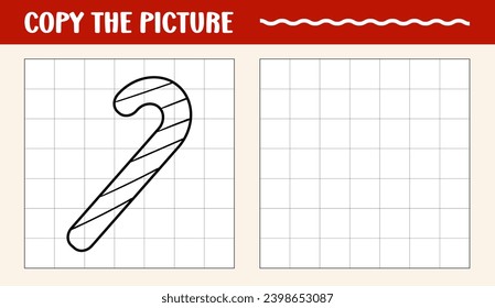 Candy cane learn to draw educational game. Copy the picture printable worksheet for kids. Winter drawings