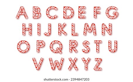 Candy cane letters set with bright red and white stripes. Sweet Christmas caramel letters set