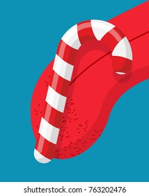 Candy cane lick. mint stick Licking tongue. Delicious candy stick. caramel for new year. Christmas peppermint lollipop 
