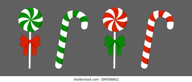 Candy cane and lollipop with  bow. Christmas sweetness. Vector illustration isolated, flat style.