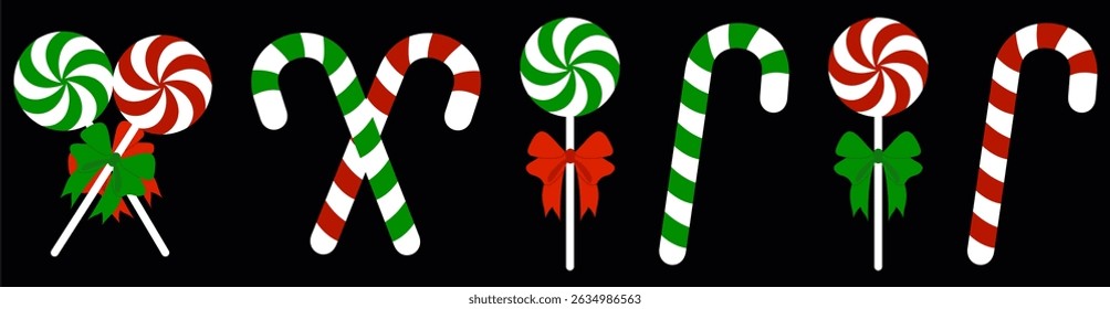 Candy cane and lollipop with bow. Christmas sweetness. isolated flat style .Vector illustration