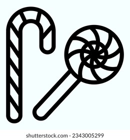 Candy cane and lollipop line icon. Two sweet candies. Halloween vector design concept, outline style pictogram on white use for and app. Eps 10.