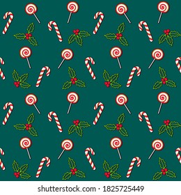 Candy cane, lollipop, mistletoe and Christmas Holly berries on a green background. Vector seamless pattern for festive design, Christmas or New Year wallpaper, banner, gift wrapping, packaging, paper