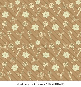 Candy cane, lollipop, mistletoe, Christmas Holly berries and poinsettia on a striped beige background. Vector seamless pattern for festive design, Christmas and New Year wallpaper, banner, packaging