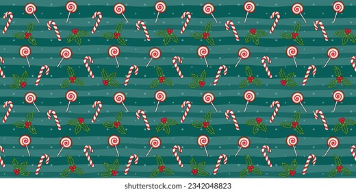 Candy cane, lollipop, mistletoe and Christmas Holly berries on a dark turquoise striped background. Christmas and New Year endless texture. Vector seamless pattern for festive design, banner, giftwrap