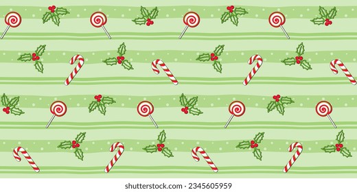 Candy cane, lollipop, mistletoe and Christmas Holly berries on a light green striped background. Christmas and New Year endless texture. Vector seamless pattern for festive banner and surface texture