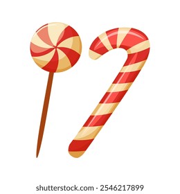 Candy cane and lollipop on a white background. Christmas treats and sweets. Isolated vector illustration