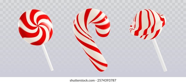 Candy cane and lollipop set isolated on transparent background. Vector realistic illustration of red and white striped hard candies, sweet treat for Christmas gift, tasty dessert, confectionery