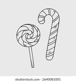 Candy Cane and Lollipop Thin Line Illustration
