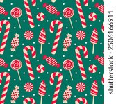 Candy cane, lollipops and swirl candies seamless pattern. Cute Christmas sweet candy design. Good for wrapping paper, background, fabric.