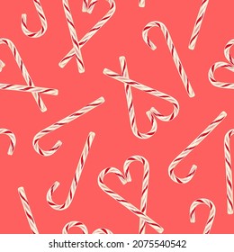 Candy cane lollypop vector seamless pattern. Confectionery romantic treats surface design. Valentines day desserts background.