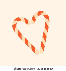 Candy cane love sign on a white background. Symbols Christmas and Happy New Year, retro style vector illustration.