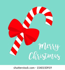Candy Cane. Merry Christmas. Cute cartoon red white peppermint stick. Big bow decoration. Flat design. Blue background Vector illustration
