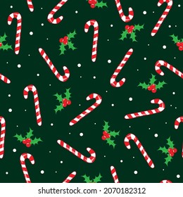 Candy Cane and mistletoe seamless pattern. Christmas decoration.