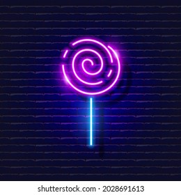 Candy Cane Neon Sign. Lollipop glowing icon. New Year and Christmas concept. Vector illustration for design.