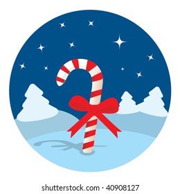 Candy Cane In The Night Forest. Vector Illustration.