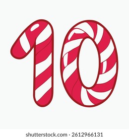 Candy Cane Number 10 Christmas Illustration Sticker