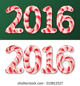 Candy cane numbers of 2016 new year holiday on green decorated pattern and white background. Vector isolated illustration