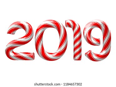 Candy cane numbers of 2019 new year holiday on white background. Vector isolated illustration