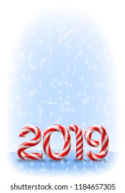 Candy cane numbers of 2019 new year holiday on snowy background. Vector illustration