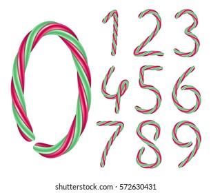 Candy cane numbers set. Hard candy digits. Vector illustration. Red and green colors.