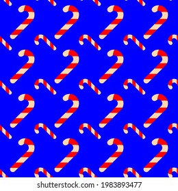Candy cane on a blue background, texture for design, seamless pattern, vector illustration