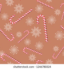 candy cane on a brown background merry christmas pattern seamless. Snowflakes