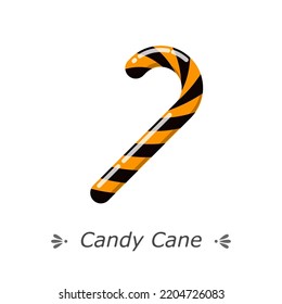 Caña de caramelo con rayas naranjas y negras. Ilustración vectorial plana aislada en fondo blanco. Truco de Halloween o dulces para web, aplicación móvil, impresión, tarjeta de saludo, invitación y otro diseño 