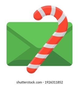 
Caña de caramelo sobre un sobre, letra de Navidad icono plano