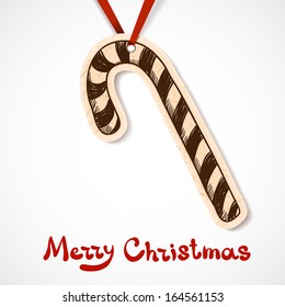 Candy cane. Paper label on ribbon. Christmas and New year design element