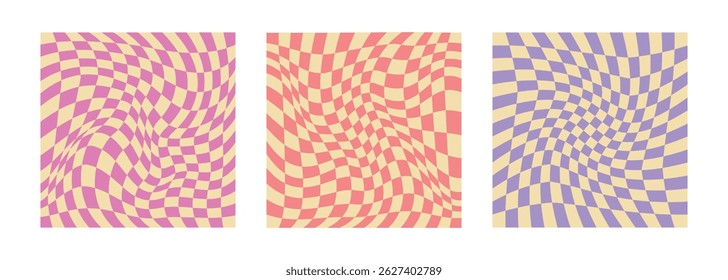 Candy cane pastel checkered boards. Abstract childish square backgrounds. Geometric pattern. Optical illusion, modern art. Psychedelic groovy swirls. Hippie covers, posters, cards, banners. Vector.