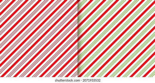 Candy cane pattern. Christmas stripes seamless background. Holiday traditional wrapping paper. Diagonal red green peppermint backdrop. Abstract texture. Sugar lollipop design. Vector illustration