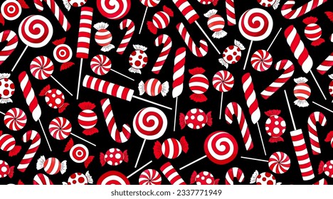 Candy cane pattern. Many types christmas treats on blue background. Traditional red and white xmas ans new year lollypop. Striped candies on snow backdrop. Tasty,  hand drawn delicious holiday print.
