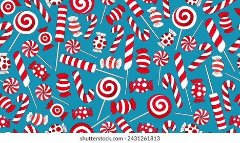 Candy cane pattern. Many types christmas treats on blue background. Traditional red and white xmas ans new year lollypop. Striped candies on snow backdrop. Tasty,  hand drawn delicious holiday print.