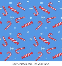 Candy cane pattern in pixel art. Christmas treats on blue background. Traditional red and white xmas and new year lollipop. Striped candies on snow backdrop or print.